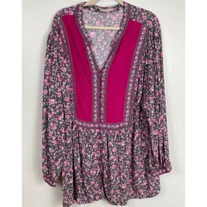 Woman Within Size 3X Pink & Green Rose Floral Button Tunic Boho Cottagecore